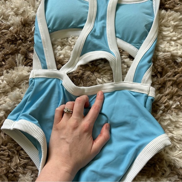 Aerie One Piece Colorblock Swimsuit with Cut Outs Aqua Blue - Picture 6 of 8